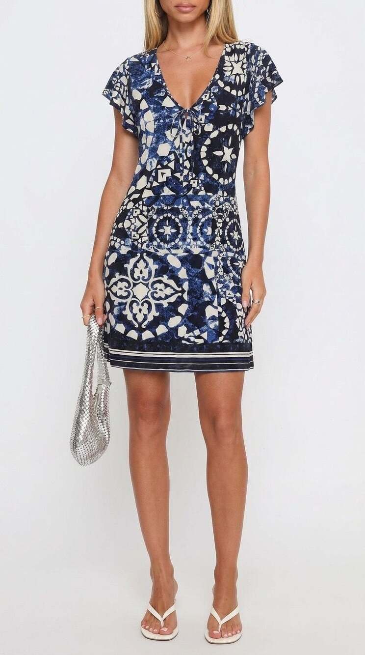White House Black Market Blue Mosaic Geometric Knit Drop Waist Dress